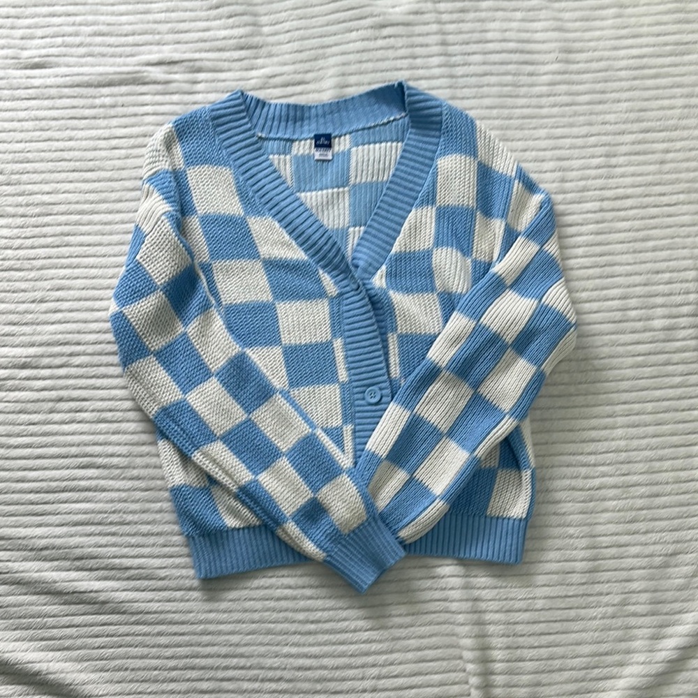Old Navy Blue and White Checkered Cardigan Sweater